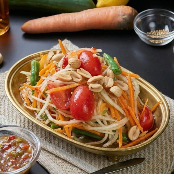Som Tum, a Thai green papaya salad with tomatoes, peanuts, and green beans in a golden bowl.