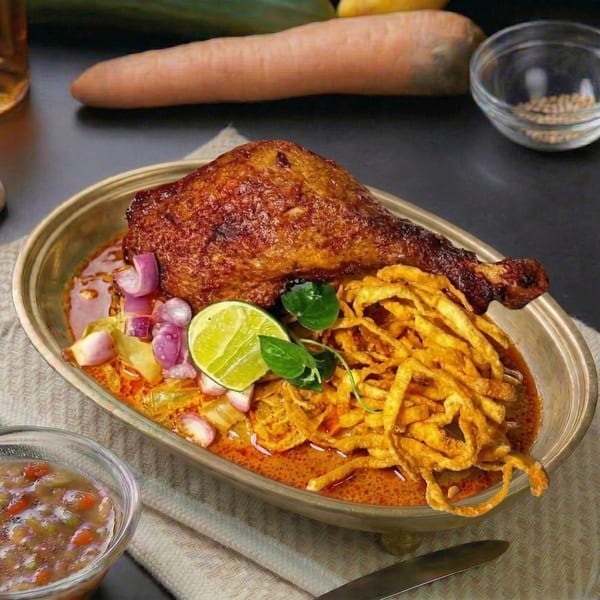 Golden fried chicken leg with noodles, red curry, lime, and red onions in a bowl.