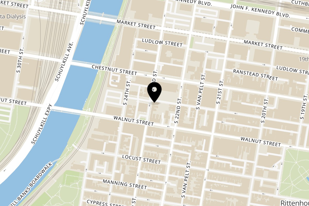 Map showing the location of Erawan Thai Cuisine (Philadelphia) on 123 S 23rd St in Philadelphia